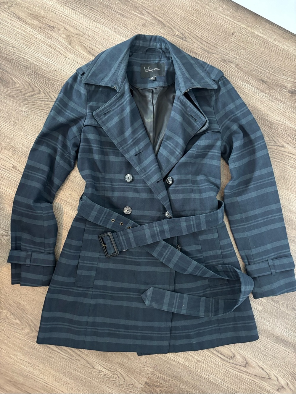 Banana Republic Novelty Navy Blue Double Breasted Plaid Trench Pea Coat Jacket